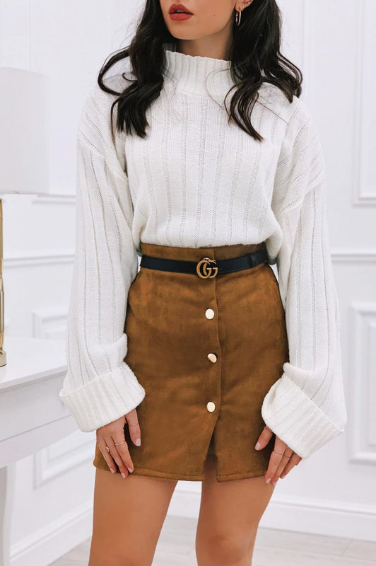 Jupe avec boutons dorés en tissu suédé Camel