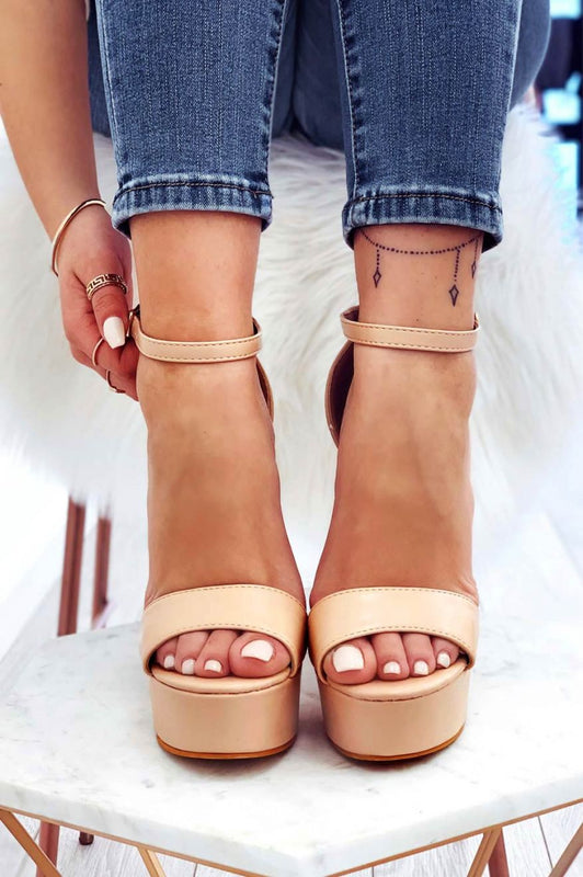 Beige faux leather sandals with high heel and ankle strap
