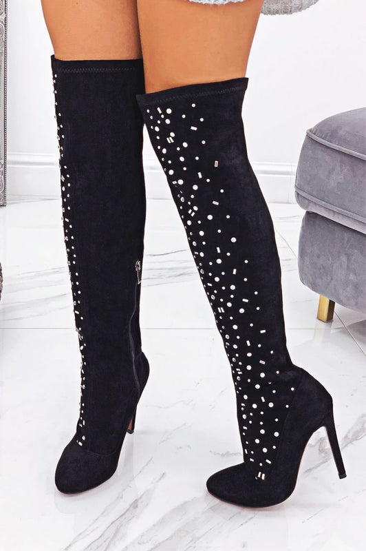 Cuissardes noires à talons hauts avec strass