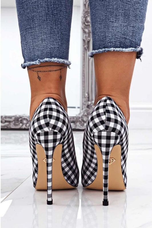LEXIE - Escarpins en tissu à carreaux noir et blanc avec talon haut