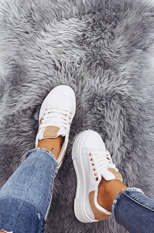 Sneakers bianche con lacci e inserti glitter oro rosa
