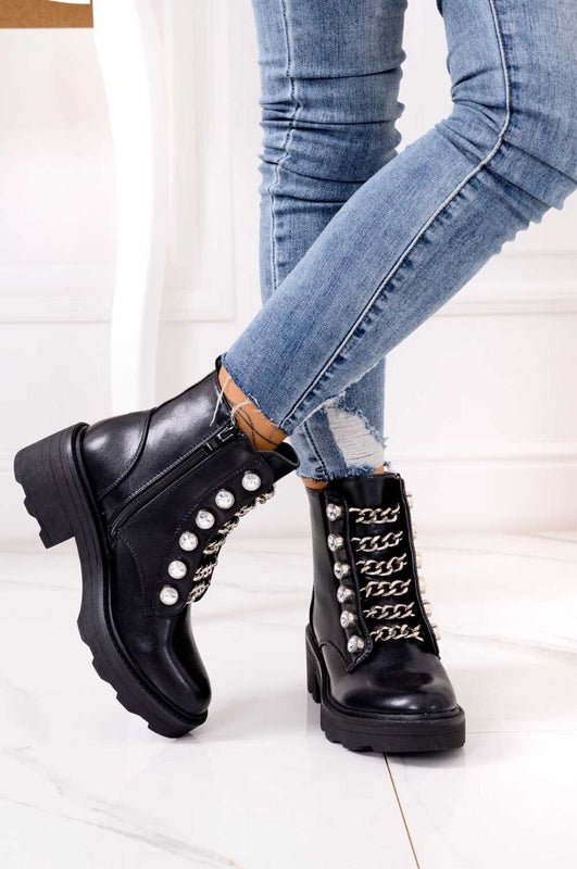 Black biker ankle boots with chains and rhinestones