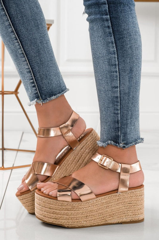 Sandali espadrillas oro rosa con zeppa in corda