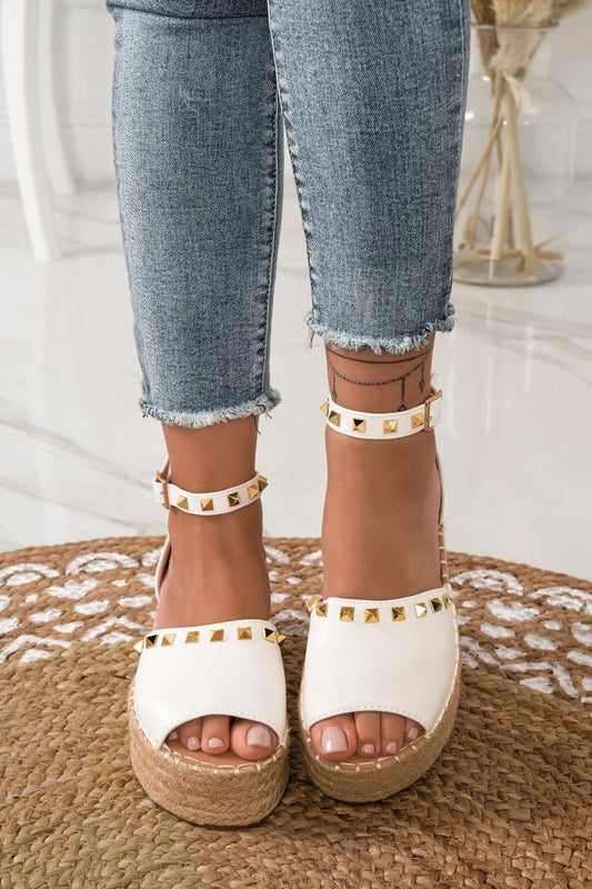 White espadrilles with strap and gold studs