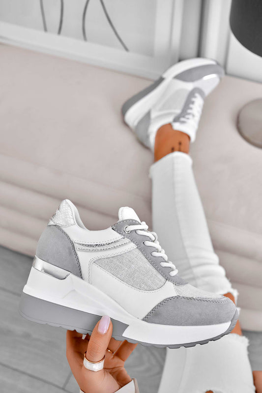 Gray sneakers with silver glitter fabric inserts