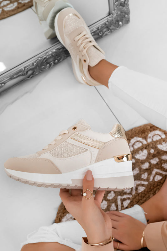 Sneakers beige e oro con zeppa