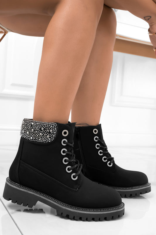Bottines noires style rangers avec strass sur le bord