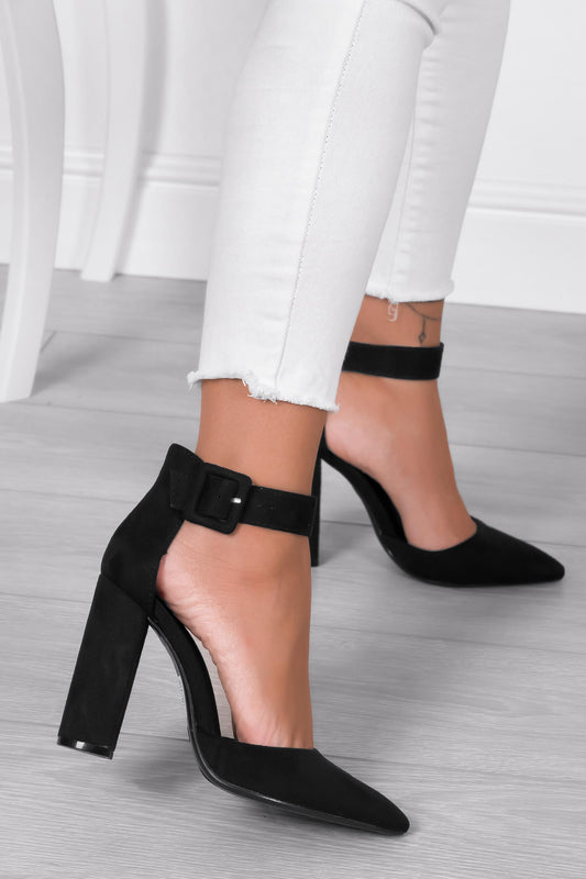 Zapatos de tacón negros de ante con correa y tacón cómodo