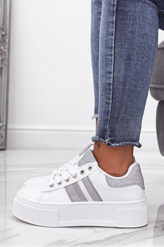 White sneakers with laces and silver glitter inserts