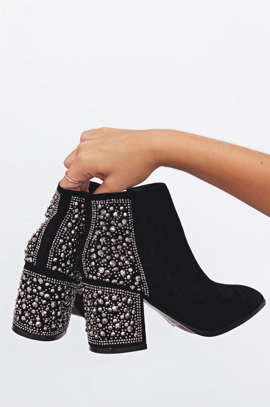 Black ankle boots with jeweled rhinestones