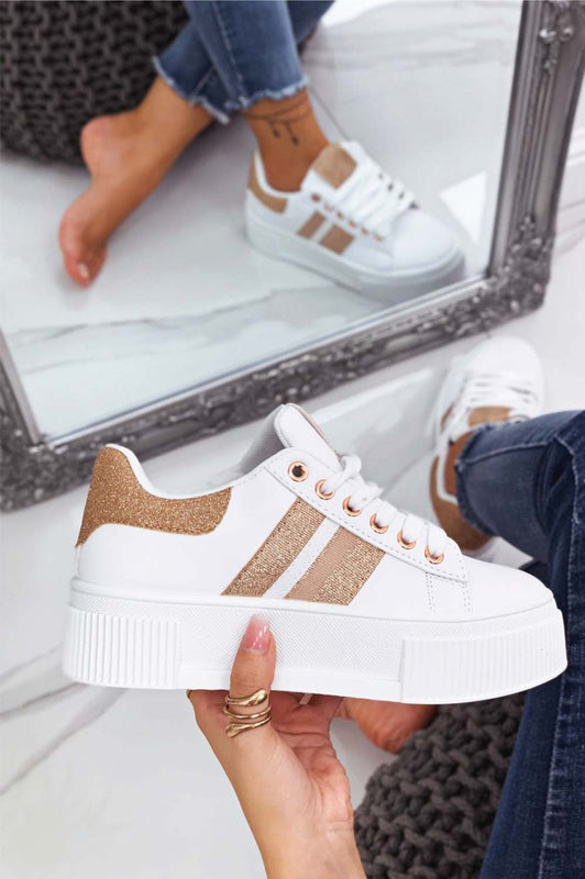 Sneakers bianche con lacci e inserti glitter oro rosa