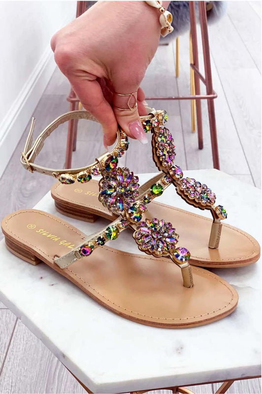 Sandalias planas tipo chancla joya multicolor con piedras