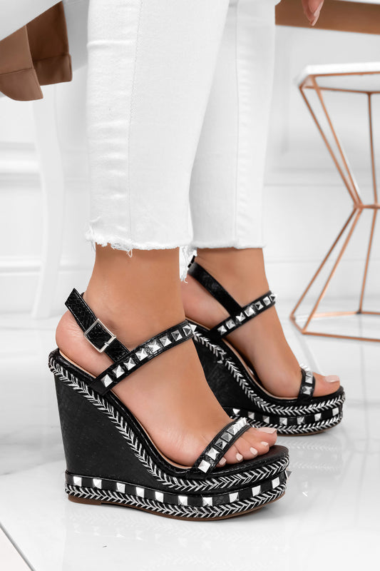Black wedge sandals with silver studs