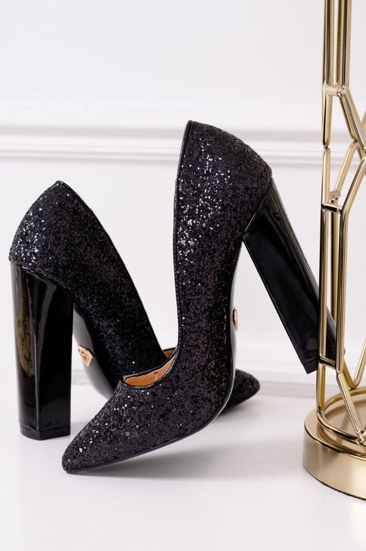 CAROLA - Zapatos de salón negros con purpurina y tacón ancho de charol