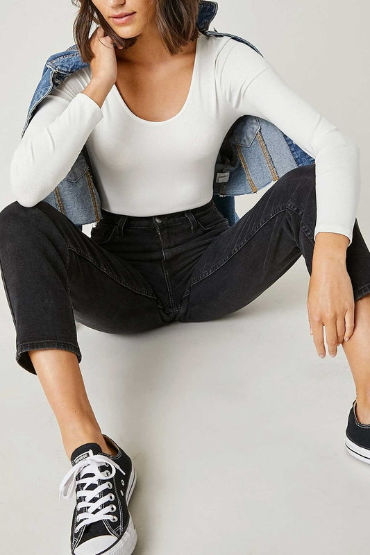 Body blanc à manches longues en côtes