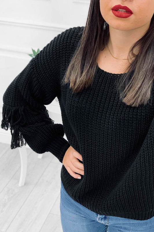 Maglione con maniche a palloncino e frange Nero