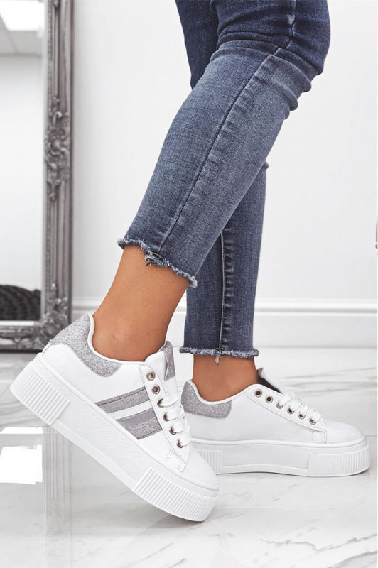 White sneakers with laces and silver glitter inserts