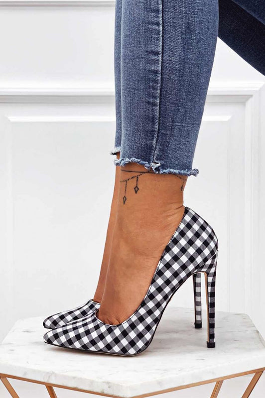 LEXIE - Escarpins en tissu à carreaux noir et blanc avec talon haut