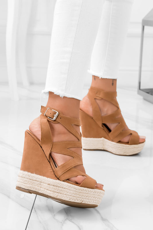 Camel wrapped sandals with wedge heel