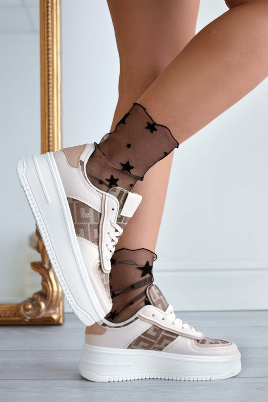 Zapatillas beige con inserciones de tela estampada
