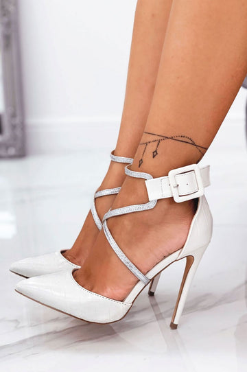 White Alexoo pumps with crocodile effect and silver strap
