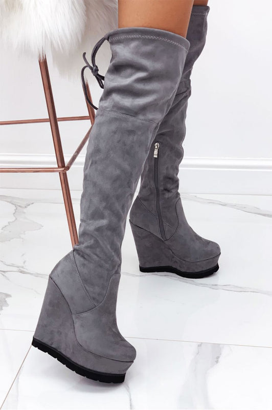 Grey suede over-the-knee wedge boots