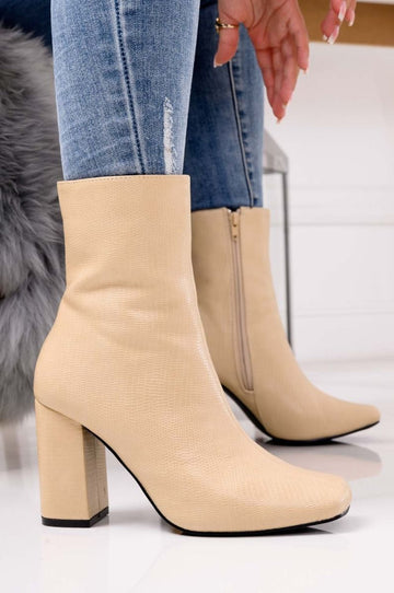 Beige python ankle boots with comfortable heel