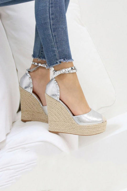 Espadrilles compensées en corde métallisée avec clous Argent
