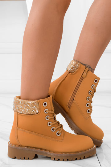 Camel combat boots with rhinestones on the edge