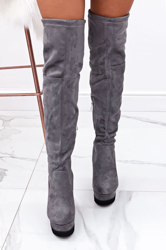 Grey suede over-the-knee wedge boots
