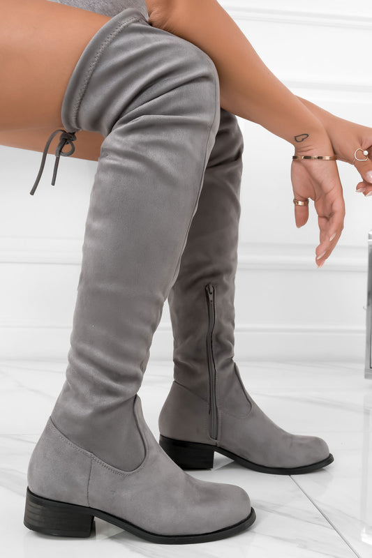 Grey suede over-the-knee boots with lace