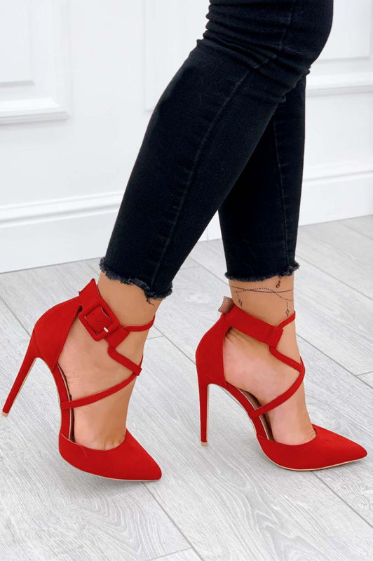Red stiletto heel pumps with buckle