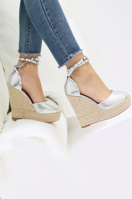 Espadrilles compensées en corde métallisée avec clous Argent