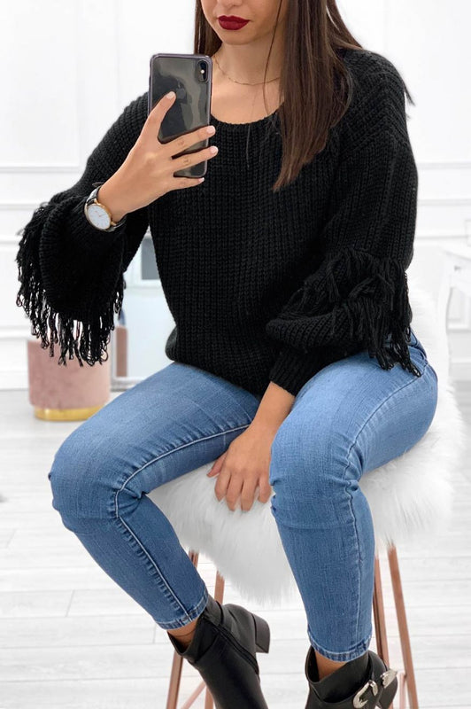 Maglione con maniche a palloncino e frange Nero