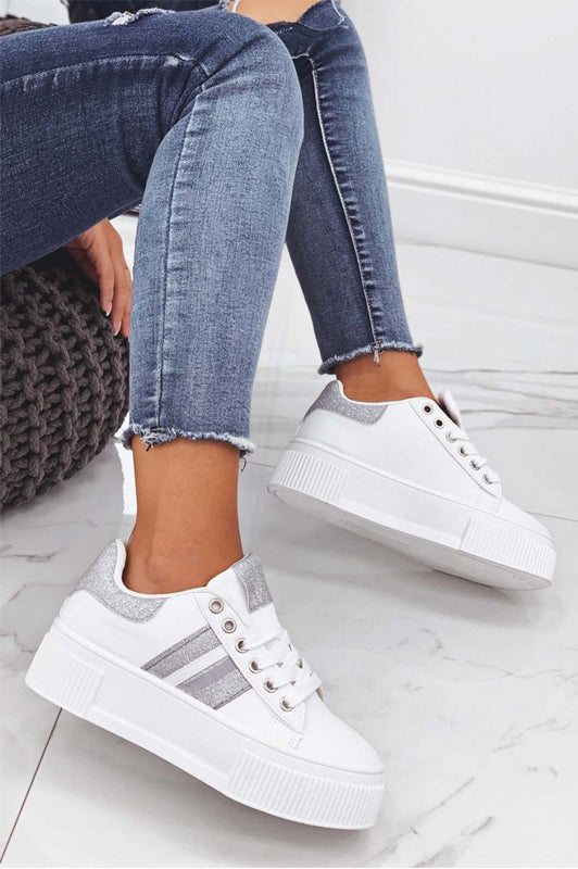 White sneakers with laces and silver glitter inserts