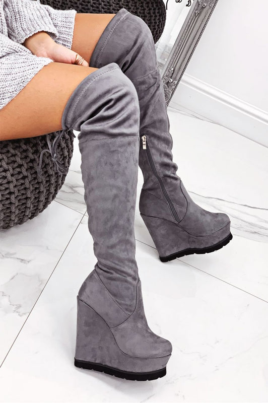 Grey suede over-the-knee wedge boots