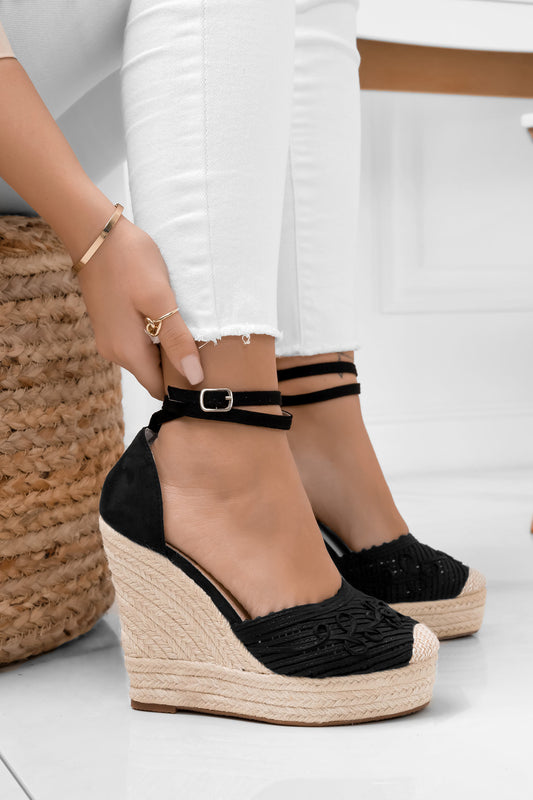 Espadrilles noires à semelle compensée en corde et broderie