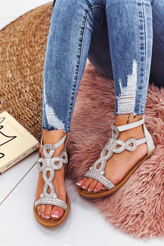 Sandalias planas grises joya con strass