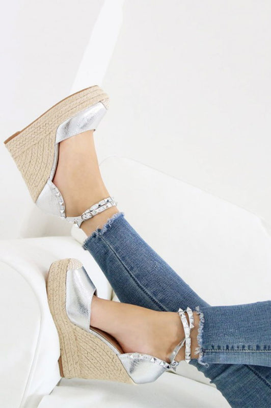 Espadrilles compensées en corde métallisée avec clous Argent