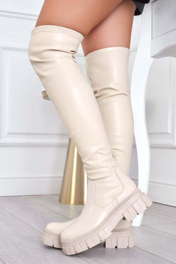 ARIANA - Beige over-the-knee boots in faux leather