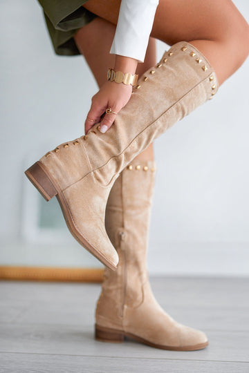 Alexoo beige boots with internal wedge and studs on the back