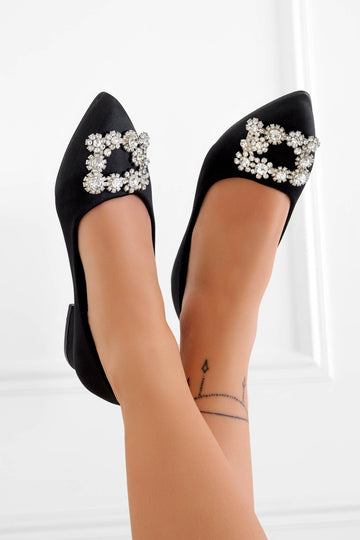 Black satin ballet flats with jewel