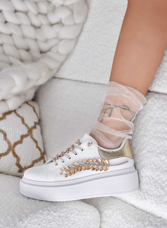 CANDY - Zapatillas blancas con aplicaciones de joyas doradas