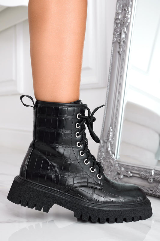 Botines negros tipo militar efecto cocodrilo