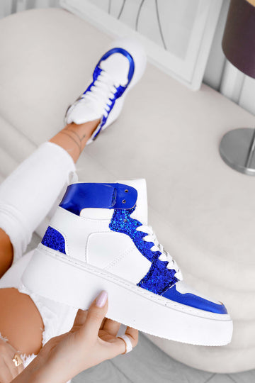 White sneakers with blue glitter inserts