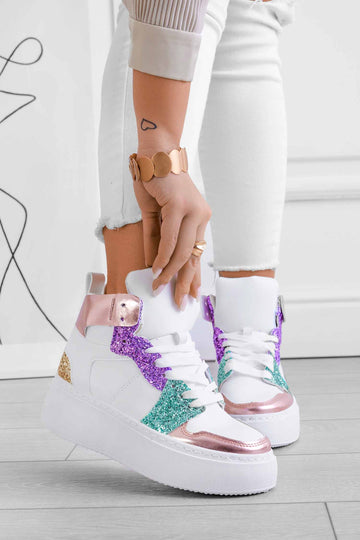 White sneakers with multicolor glitter inserts