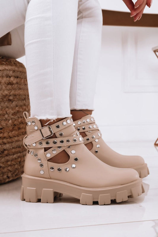 Beige studded biker ankle boots