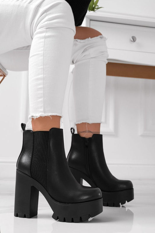 ankle boots with elastic, lug sole and black heel
